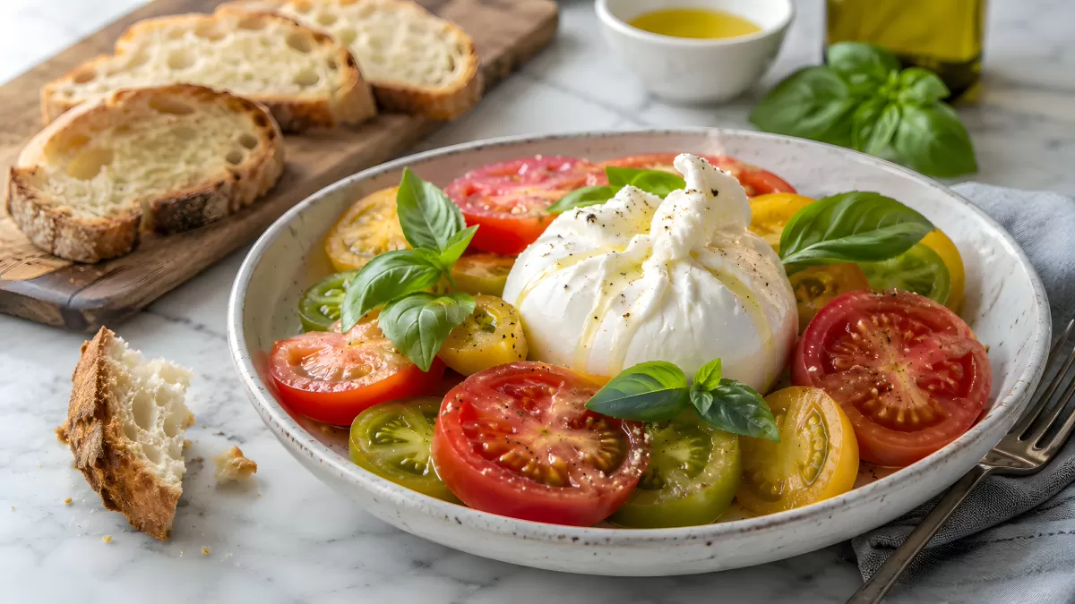 Burrata mit bunten Tomaten und frischem Basilikum