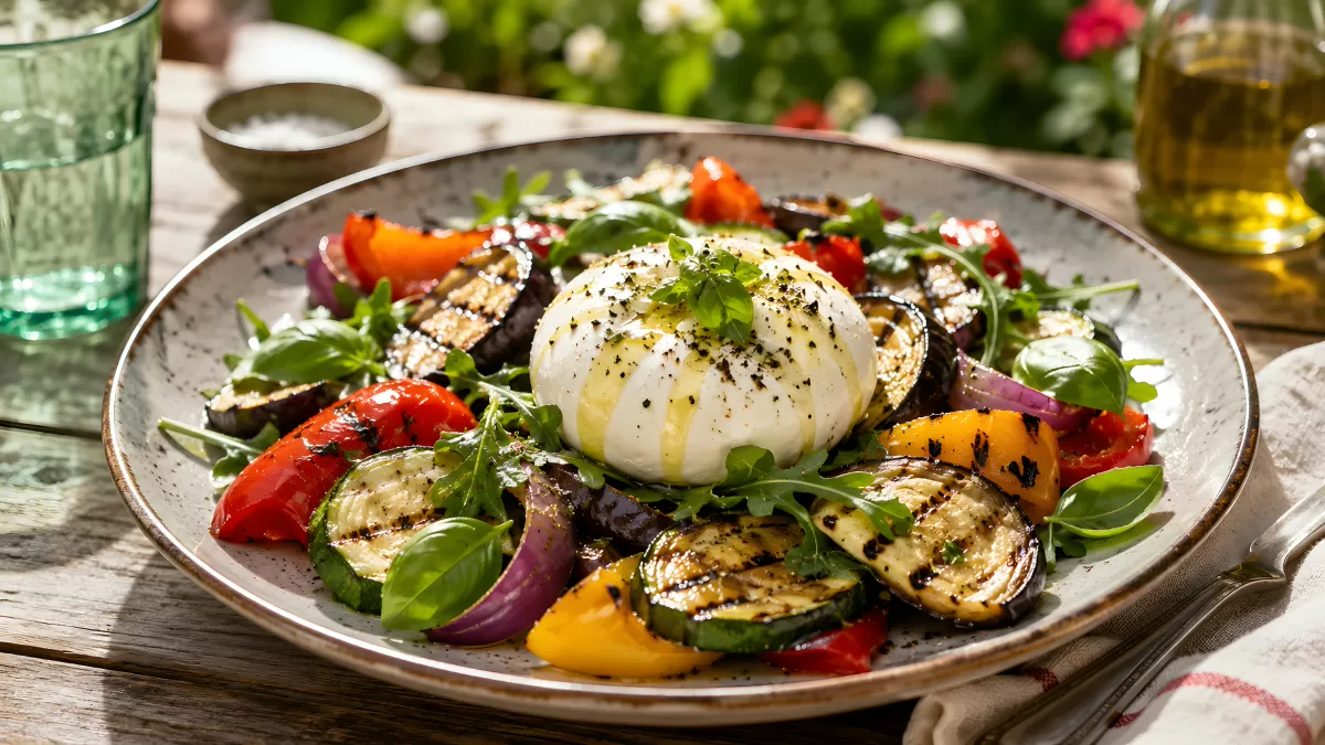 Burrata mit gegrilltem Gemüse auf rustikalem Teller