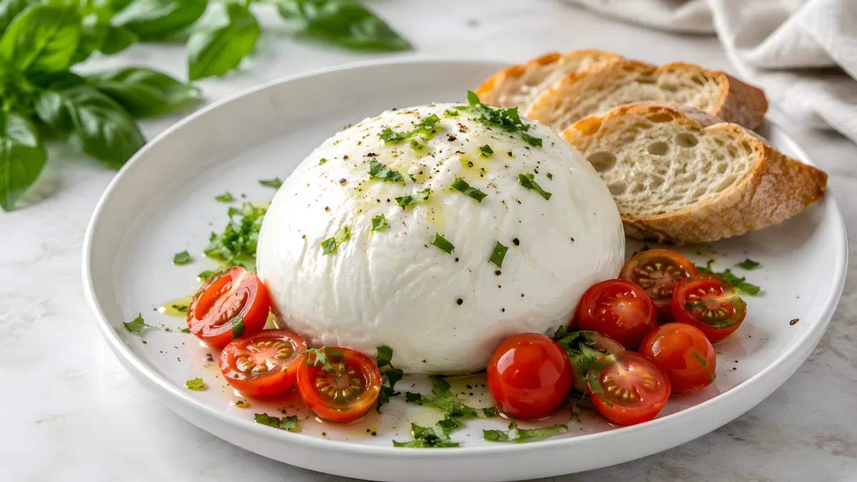Burrata mit Kirschtomaten und Brot auf Teller