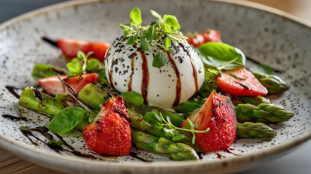 Burrata mit Spargel und Erdbeeren photorealis
