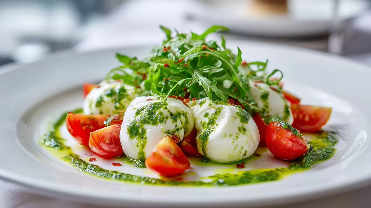 Burrata Salat mit Bärlauch Pesto photorealistisch