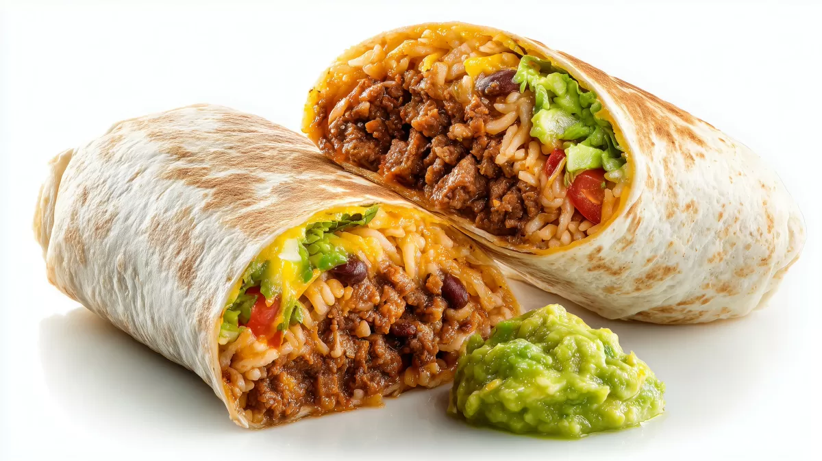 Burrito mit Rindfleisch, Reis und Guacamole