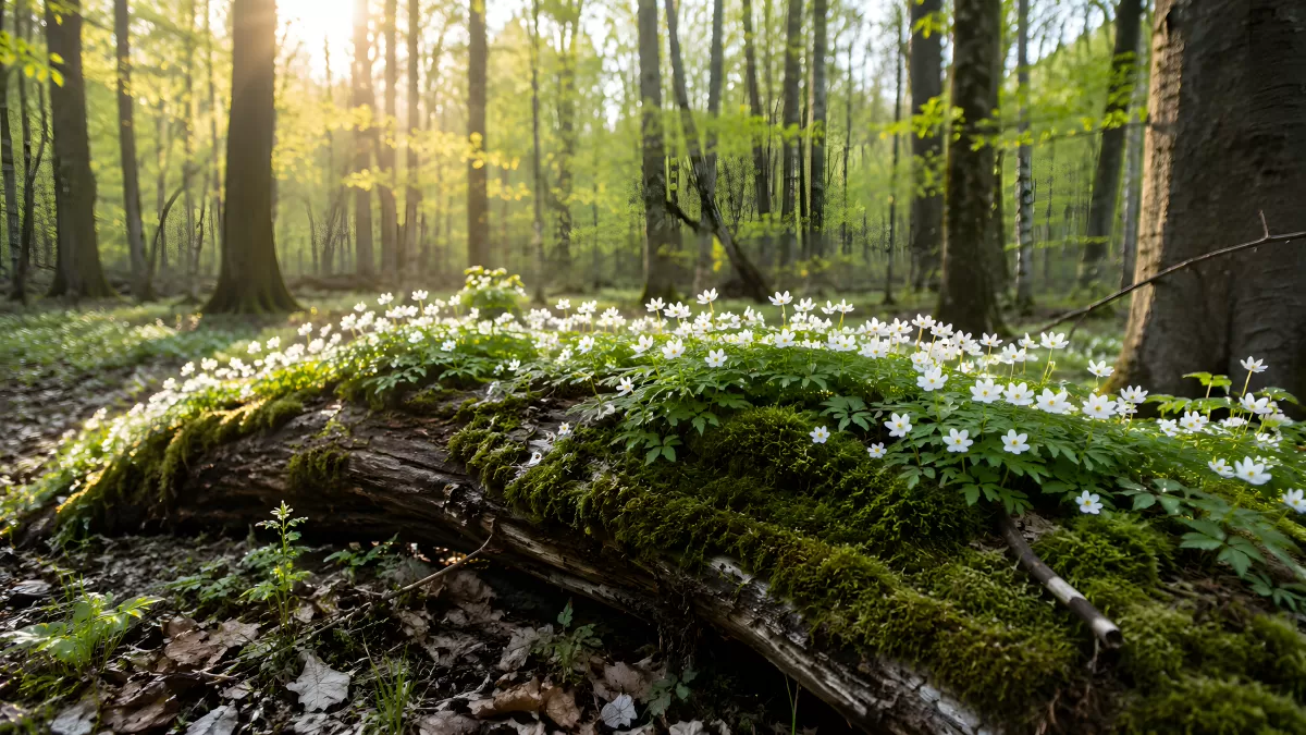 Buschwindröschen auf Baumstamm im Frühlingswald