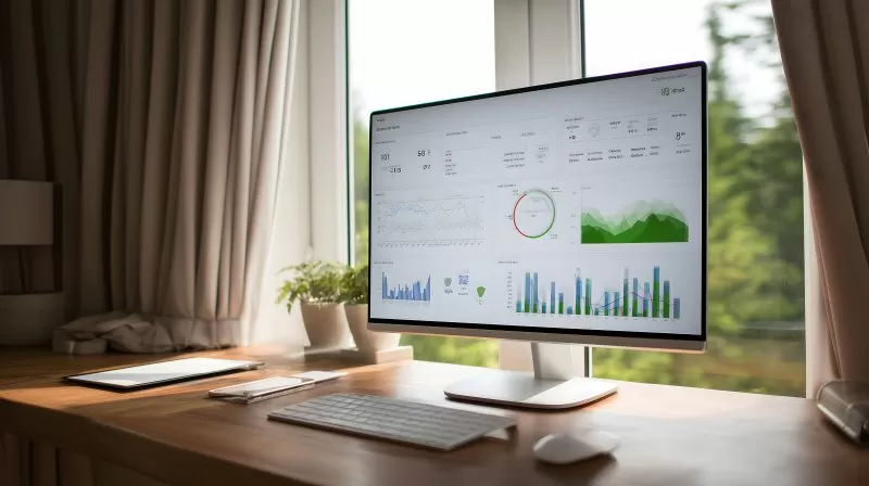 Business Dashboard auf modernem Bildschirm im Homeoffice