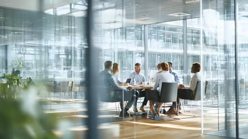 Business Meeting im modernen lichtdurchfluteten Büro mit Glaswänden