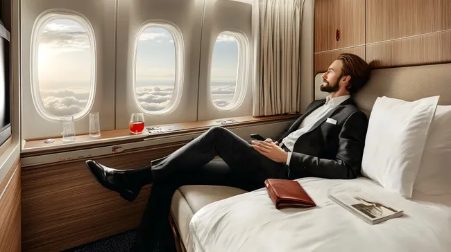 Business-Reisender in Luxusflugzeugkabine mit Panoramablick