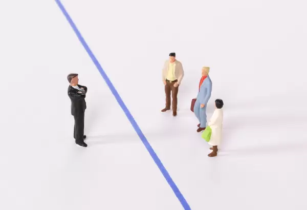 Businessman and group of employees with blue line between them