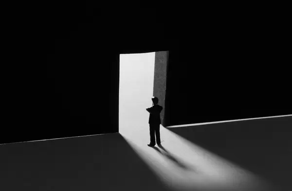 Businessman standing alone in front of a big doors