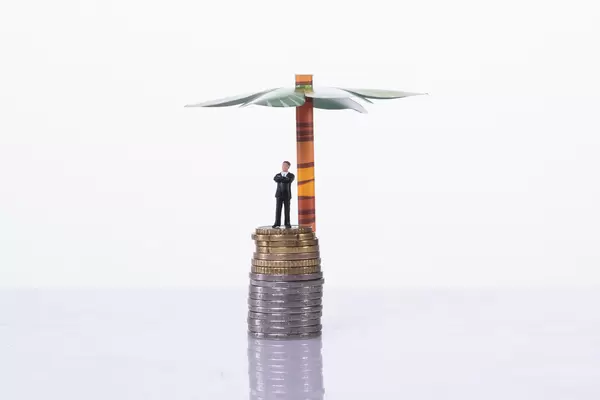 Businessman standing on a stack of coin with palm tree on white background