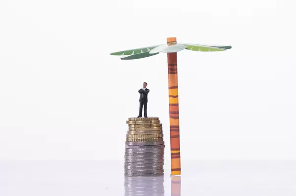 Businessman standing on a stack of coin with palm tree