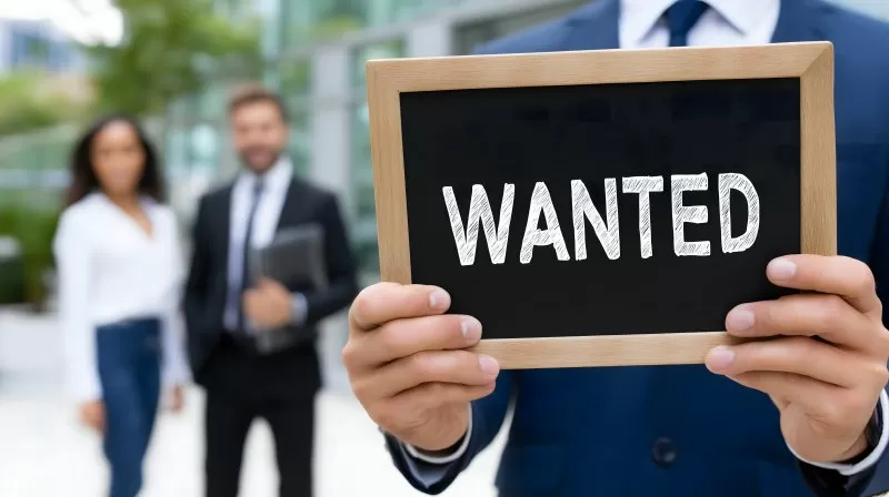 Businessperson holding wanted sign for job recruitment