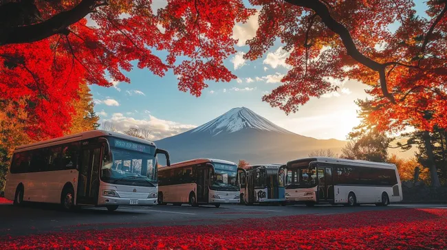 Busse vor malerischer Berglandschaft im Herbst