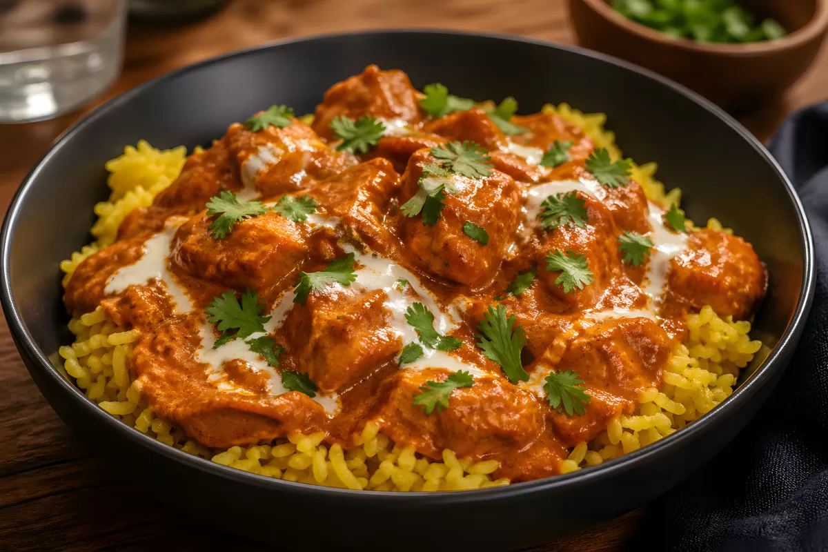 Butter Chicken mit Safranreis in schwarzer Schüssel