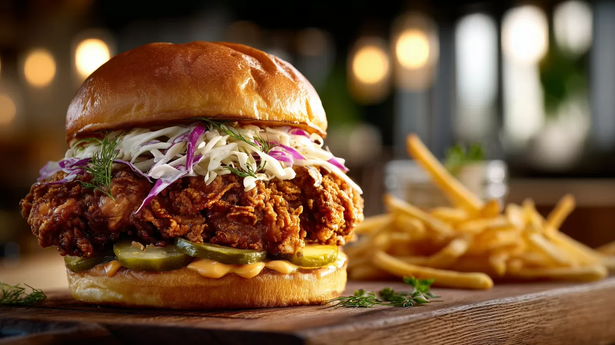 Buttermilk Fried Chicken Sandwich photorealis mit Pommes