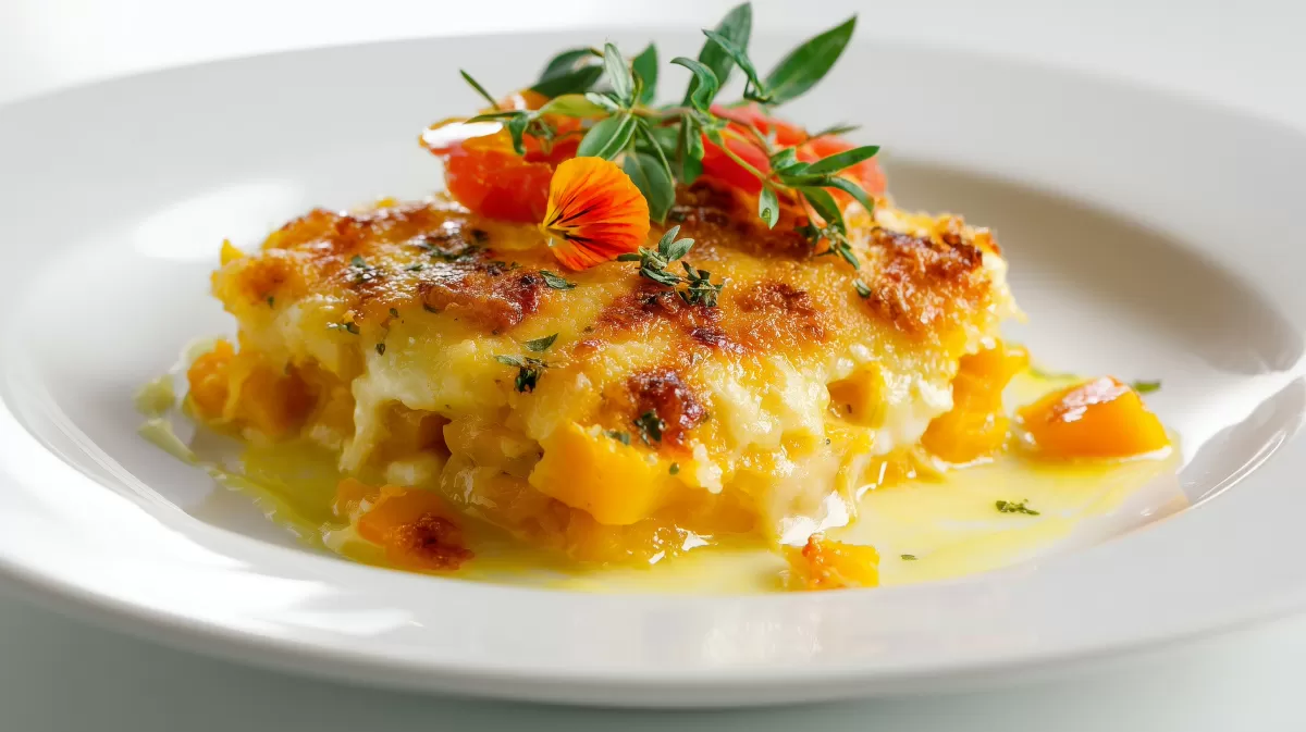 Butternut Kürbis Gratin mit Dorsch auf weißem Teller