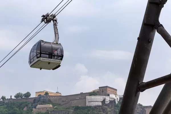 Cable car in Koblenz, Ehrenbreitstein fortress in the background