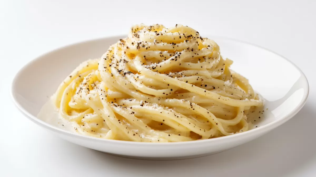 Cacio e Pepe – cremige Spaghetti auf weißem Teller
