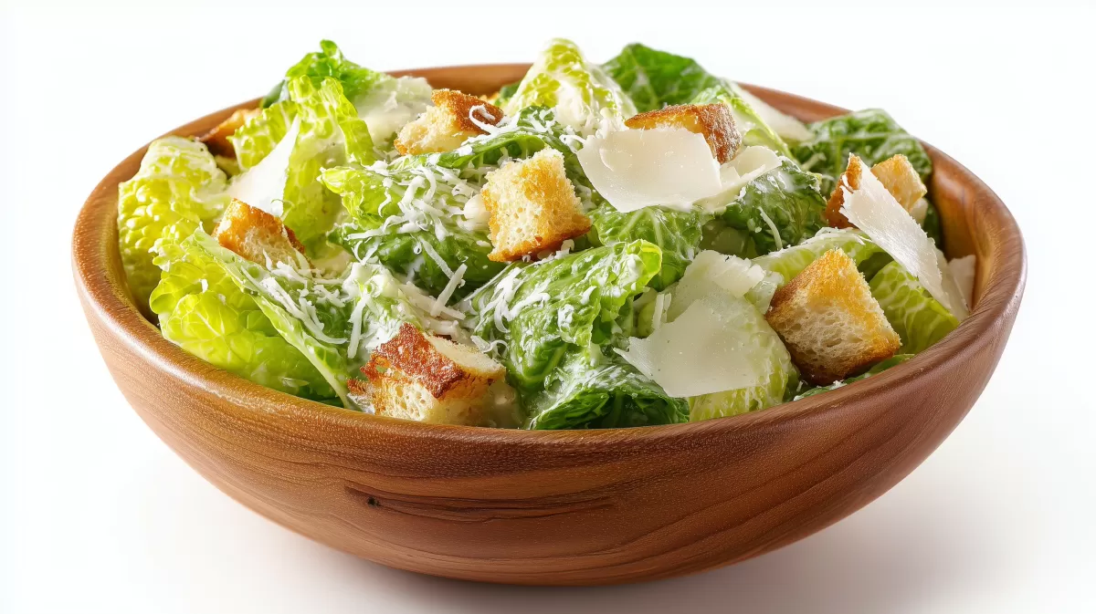 Caesar Salad in rustikaler Holzschüssel mit Croutons