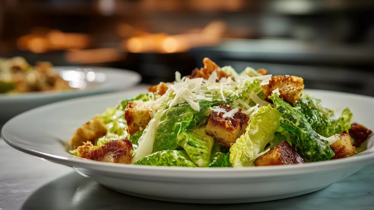 Caesar Salad mit Croutons und Parmesan im Restaurant