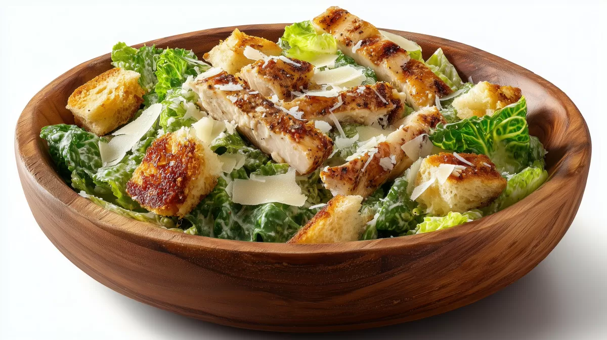 Caesar Salad mit gegrilltem Hähnchen in Holzschüssel