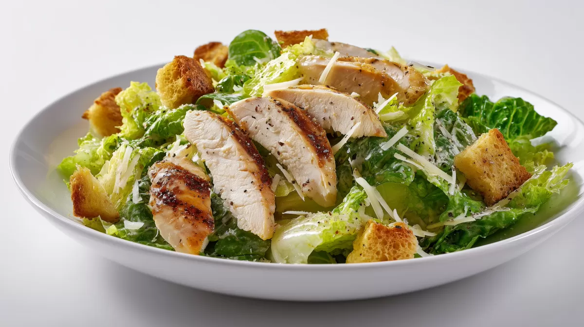 Caesar Salat mit Hühnchen auf weißem Teller