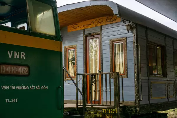 Cafe inside an old Wooden Train Waggon at the Dalat Railway Station in Da Lat, Vietnam