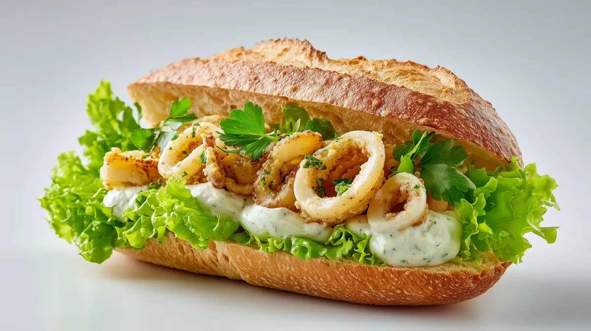 Calamari Brötchen mit Knoblauch Aioli und Salat