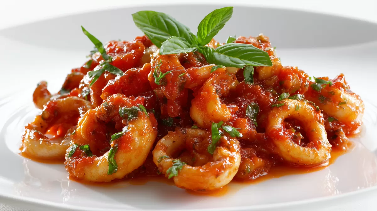 Calamari in Tomatensauce mit frischem Basilikum
