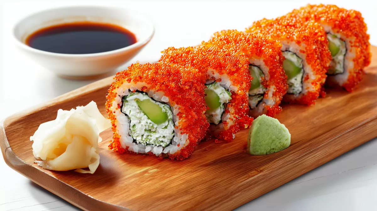 California Roll mit Tobiko auf Holzbrett serviert