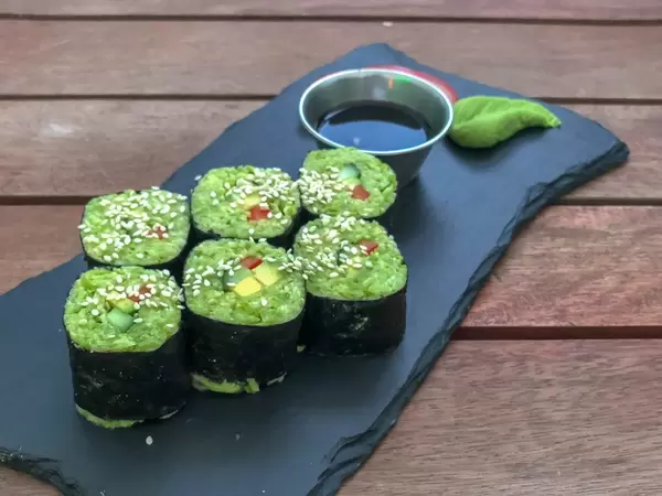 California rolls at Avocado Cafe: avocado, zuchini, lemon, cucumber, seaweed, sweet pepper, tomato, parsley, sunflower seeds