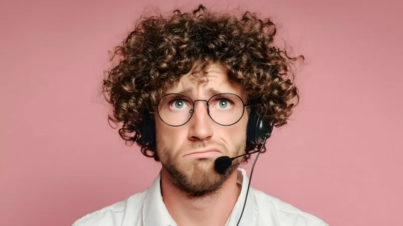 Callcenter Mitarbeiter mit Brille und skeptischem Blick