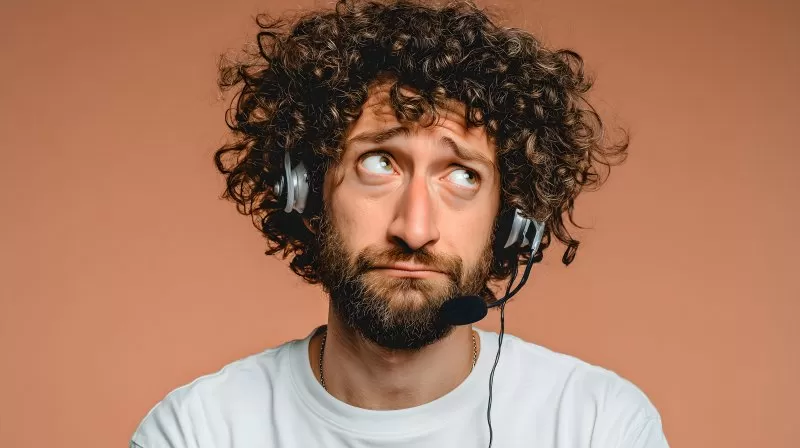 Callcenter Mitarbeiter mit nachdenklichem Blick