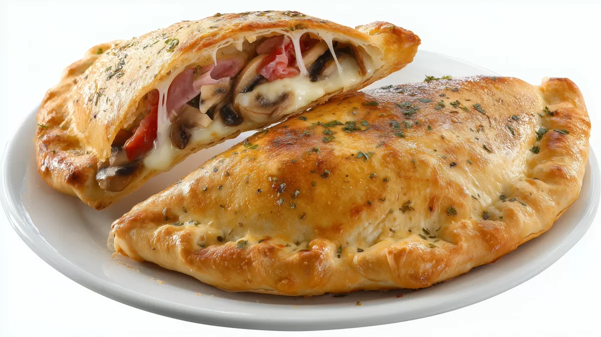 Calzone mit Pilzen, Schinken und Käse auf Teller