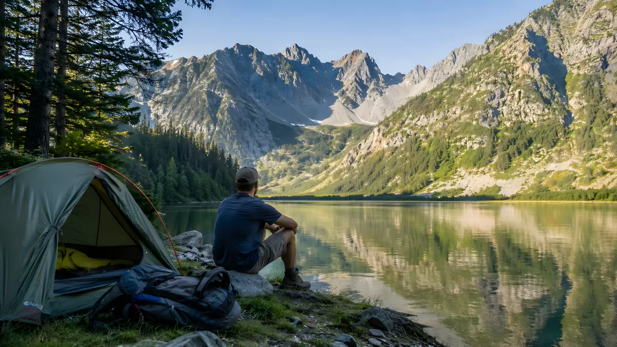 Camper sitzt am Bergsee und genießt die Aussicht