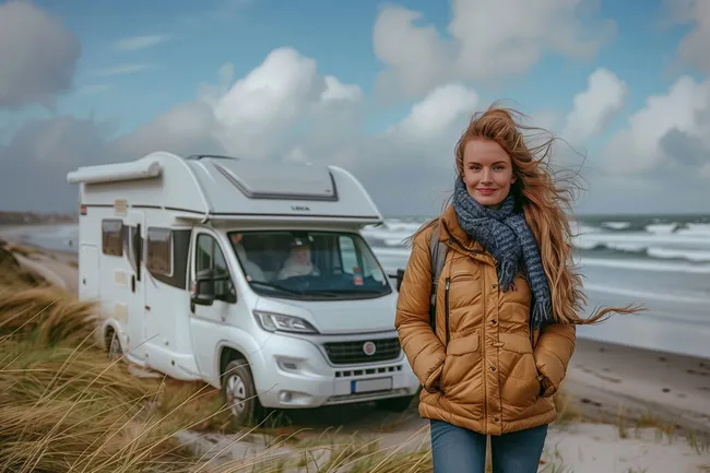 Camperin auf der Düne mit Wohnmobil