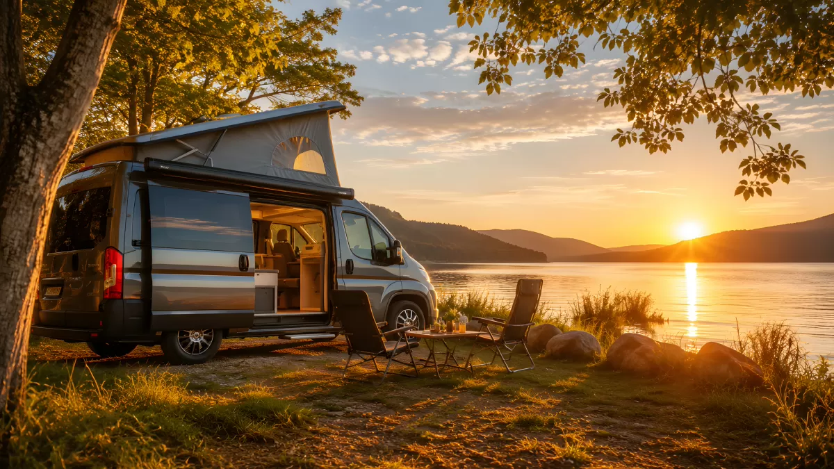 Campingbus am See bei goldenem Sonnenuntergang