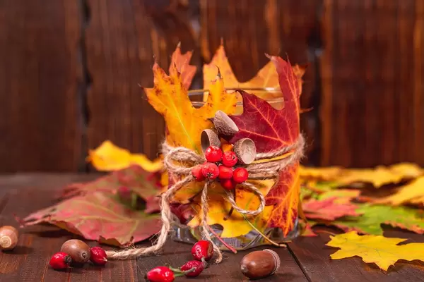 Candlestick with autumn leaves and Rowan berries on a wooden background with acorns and rose hips