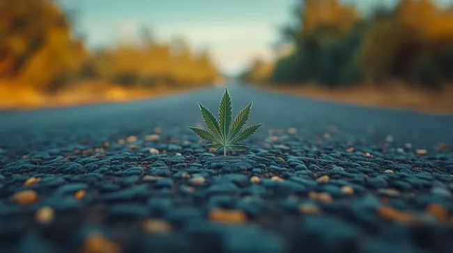 Cannabisblatt auf verschlungener Straße im Herbstwald