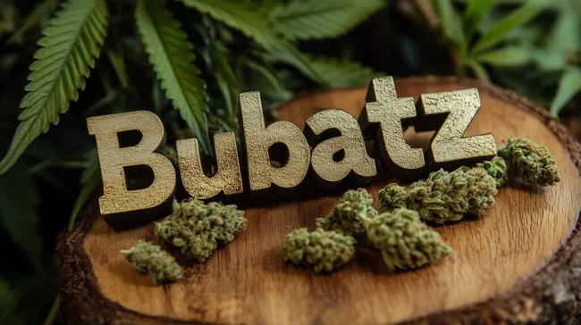 Cannabisblüten und Schriftzug 'Bubatz' auf Holzuntergrund