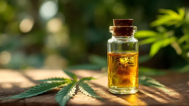 Cannabisöl in Glasflasche auf Holztisch mit grünem Laub