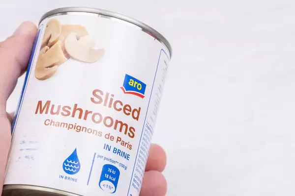 Canned sliced Mushrooms in the hand with copy space