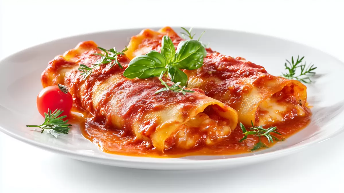 Cannelloni mit Sugo und Basilikum auf Teller