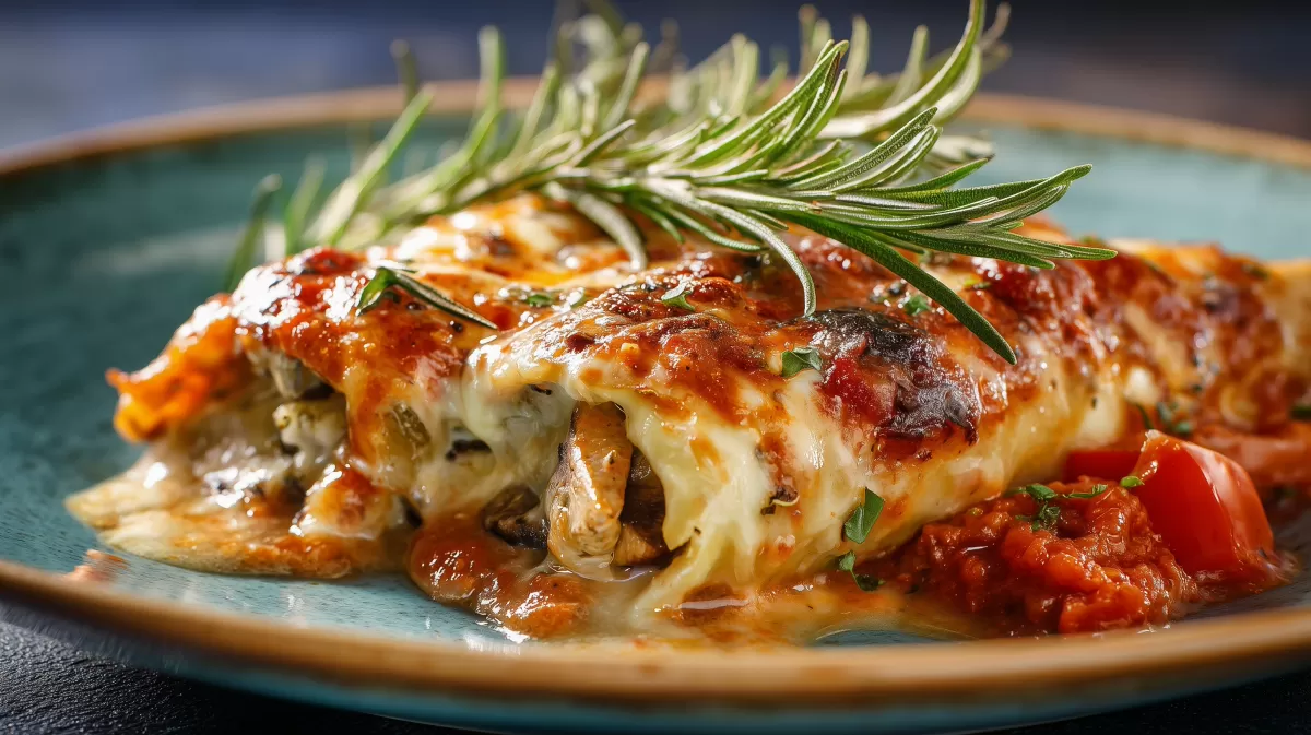 Cannelloni mit Tomaten-Champignon-Sugo überbacken