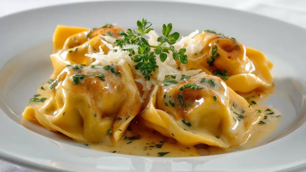 Cappelletti mit Drei-Käsesauce auf weißem Teller