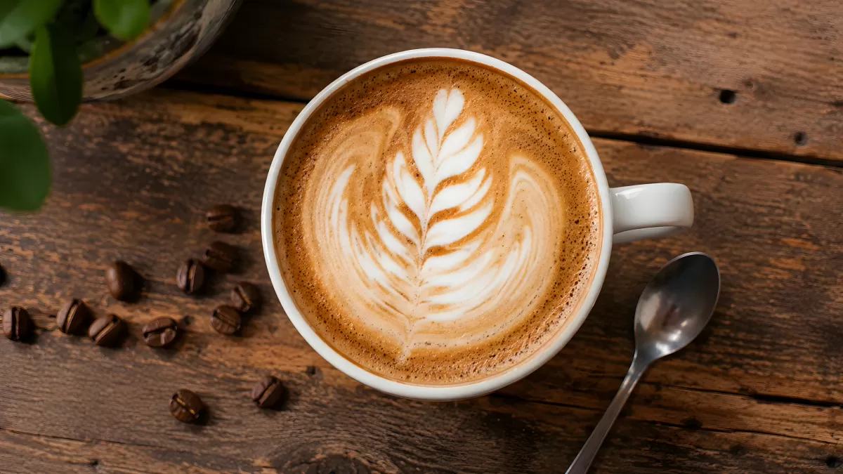 Cappuccino mit Blatt-Latte-Art von oben fotografiert