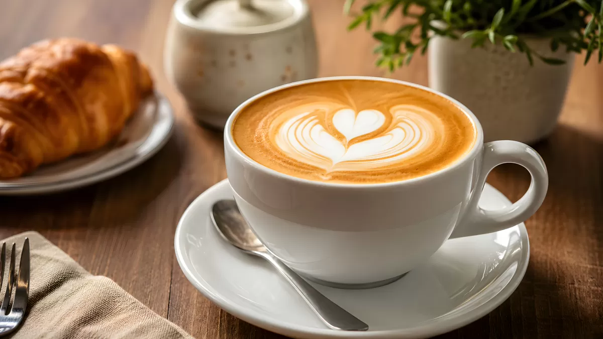 Cappuccino mit Herzmotiv und Croissant im Café