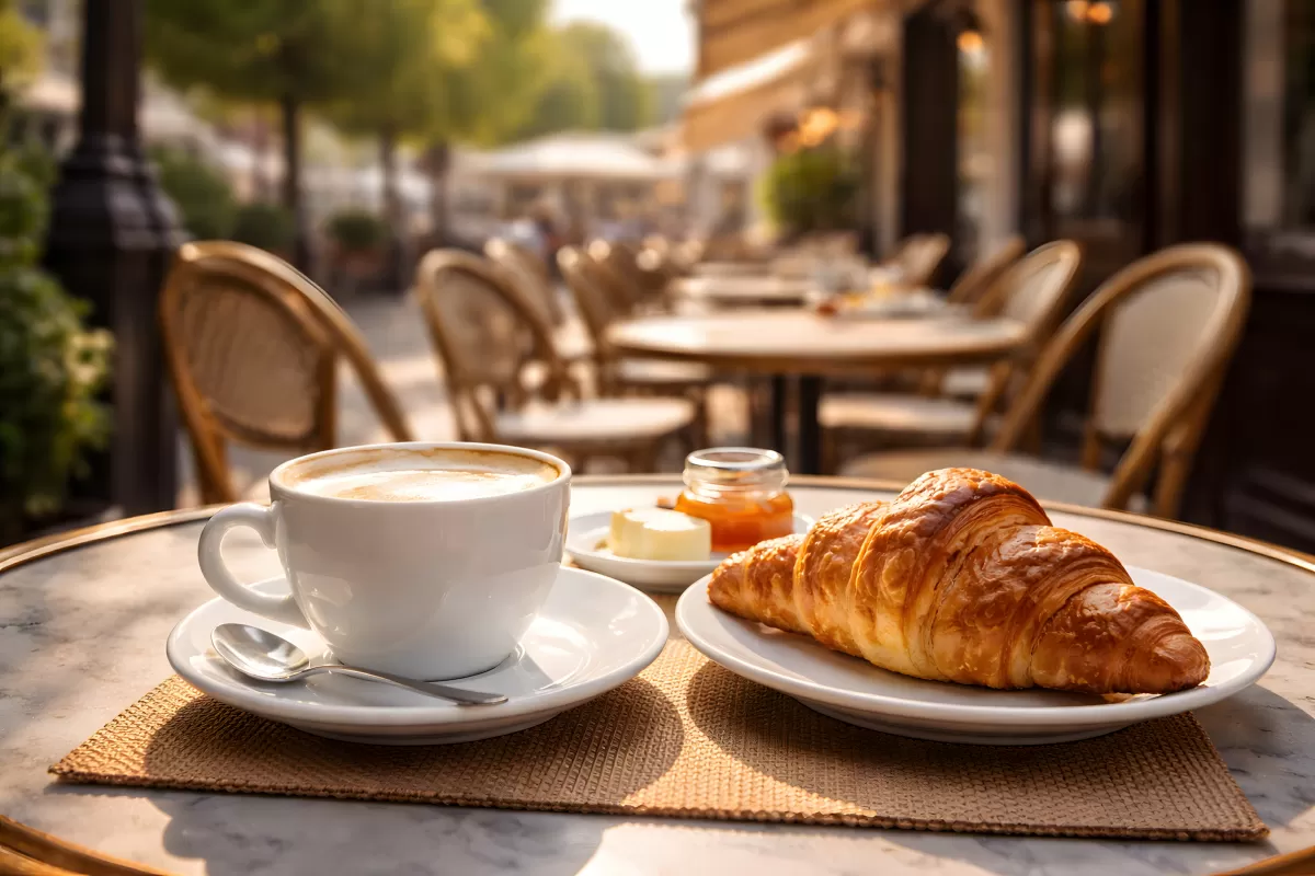 Cappuccino und Croissant im Pariser Straßencafé