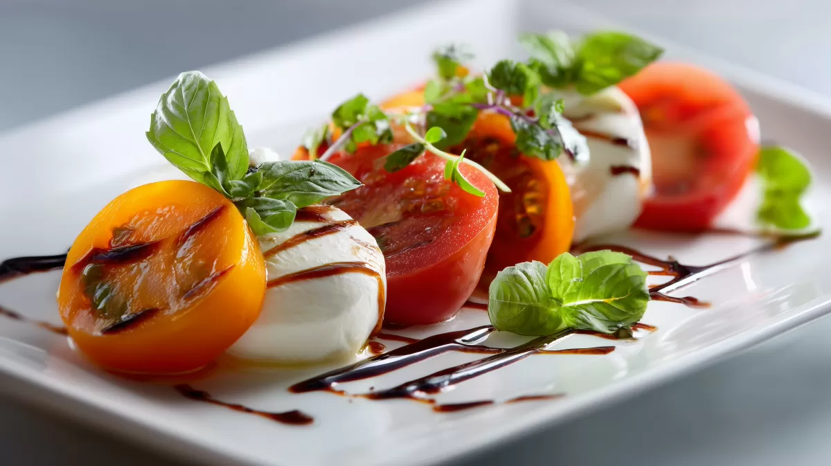Caprese klassisch mit bunten Tomaten und Balsamico