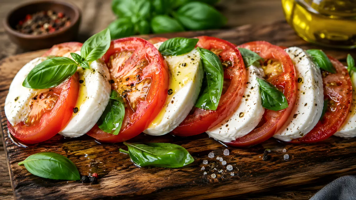 Caprese-Salat mit Mozzarella und Tomaten auf Holzbrett