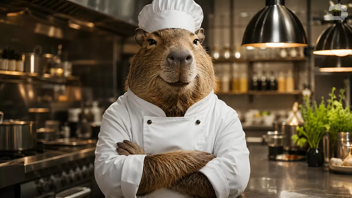 Capybara als Koch verkleidet in Profiküche
